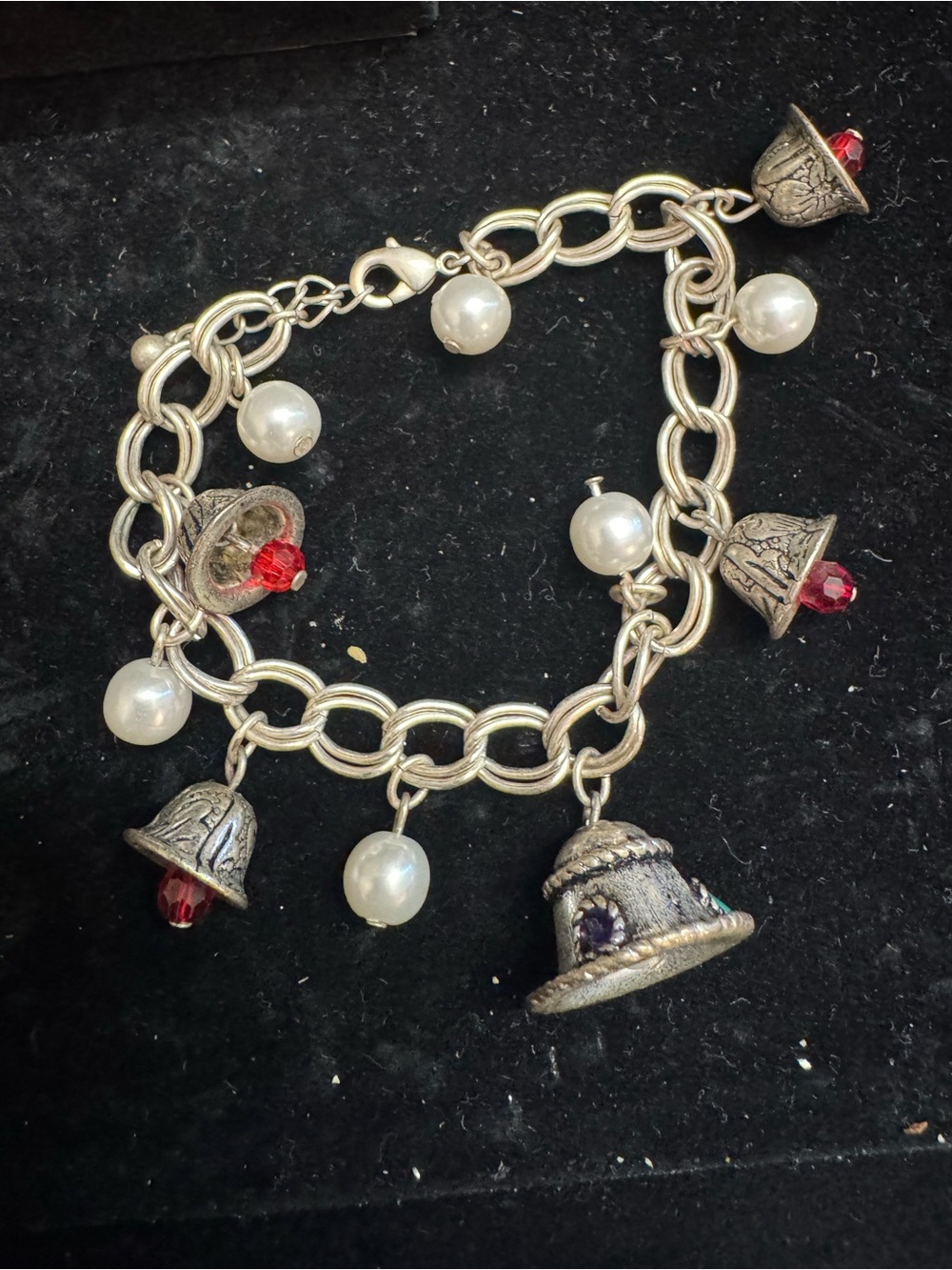 Vintage Silver Bell Charm Bracelet with Pearls